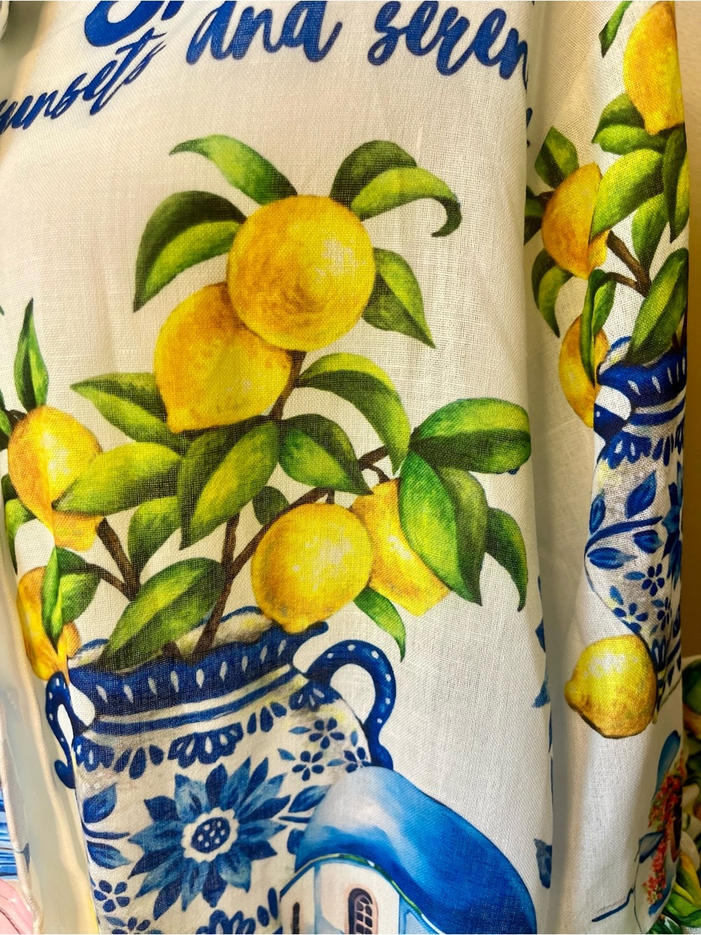 NWT MADE IN PADOVA, ITALY SANTORINI PRINT HIGH-LOW RUFFLED SLEEVE LUXURY BLOUSE - Picture 4 of 17